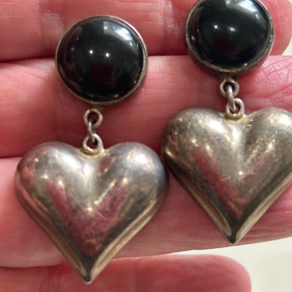 Vintage Sterling Silver and Onyx Earrings - Picture 2 of 3